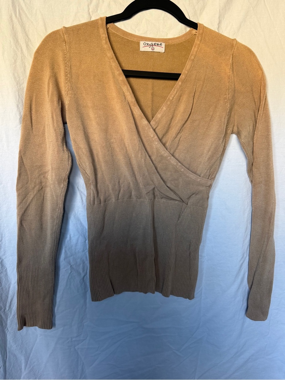 Wrap V-Neck Ribbed Waist Sweater in Camel